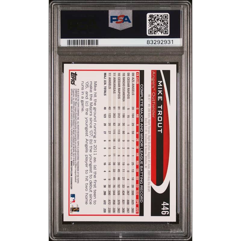 Mike Trout 2012 Topps Baseball Card #446 Graded PSA 10 - 8'6" x 11'6"