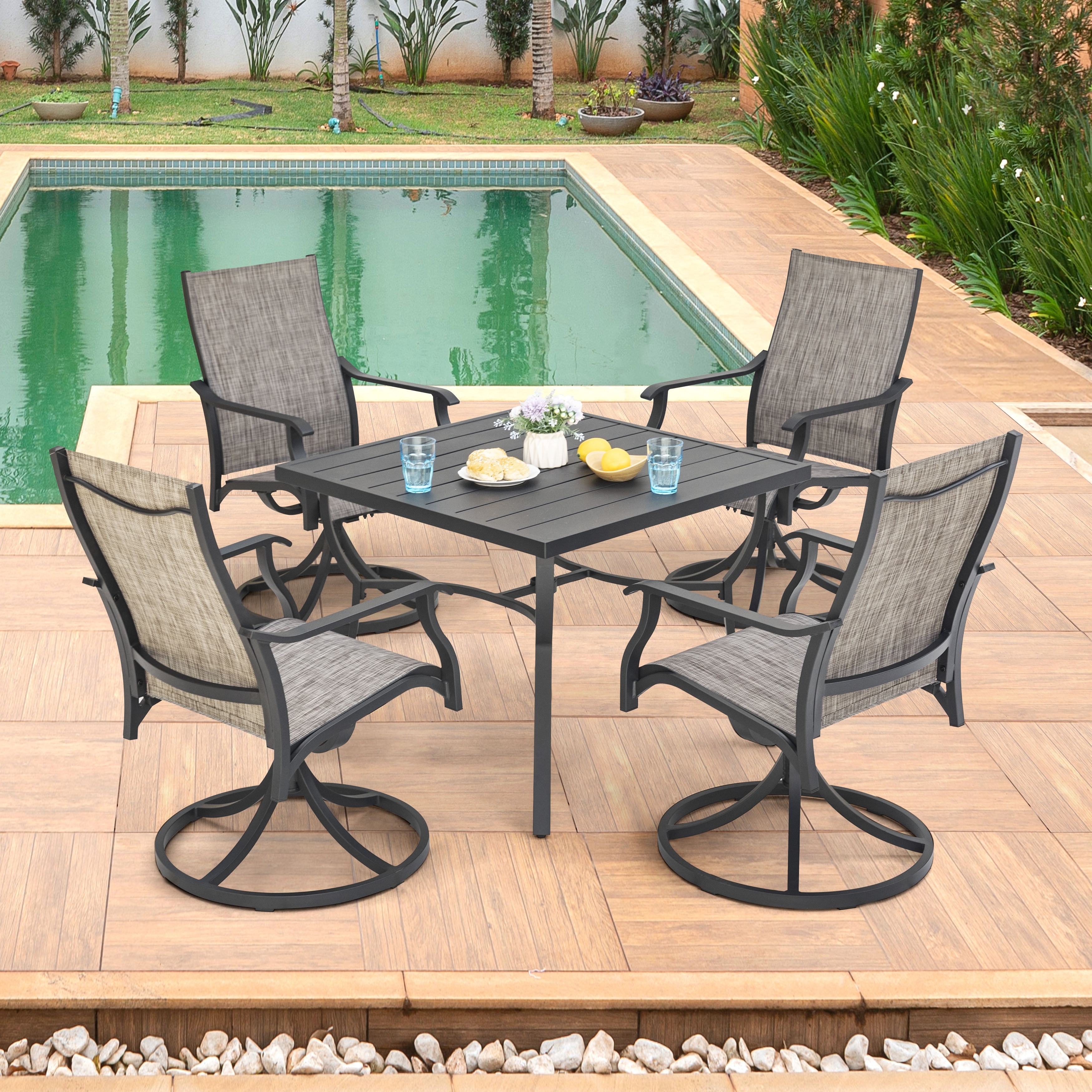 Nuu Garden Patio 5-Piece Iron Dining Set with Textilene Swivel