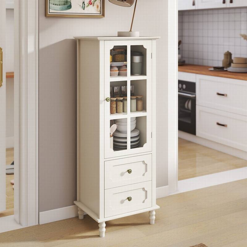 Modern 52.36" Wooden Buffet Cabinet with Glass Doors and Double Drawer for Living room, Dining Room Hallway Entryway