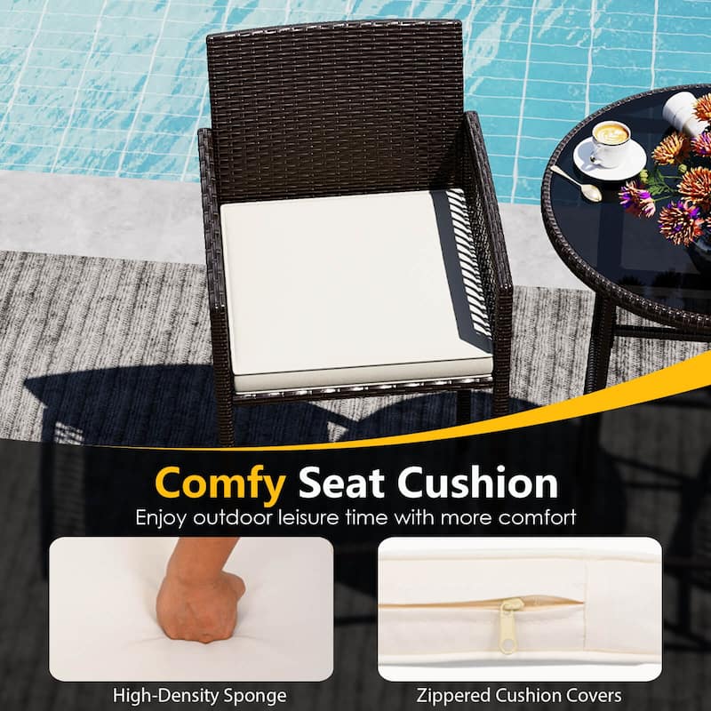 Costway 3 Piece Wicker Patio Bar Set with 2 Seat Cushions Glass - See Details
