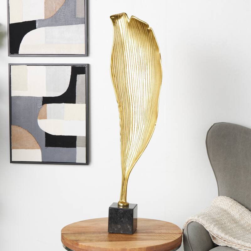 Gold Aluminum Metal Textured Leaf Abstract Sculpture with Black Marble Base - Gold - 11" x 4" x 36"