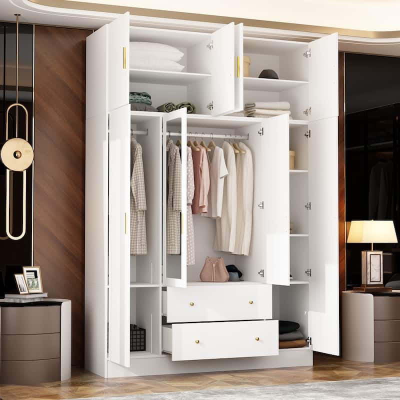 4 Door Wardrobe Large Storage Cabinet Armoire with Mirror and 2 Drawer