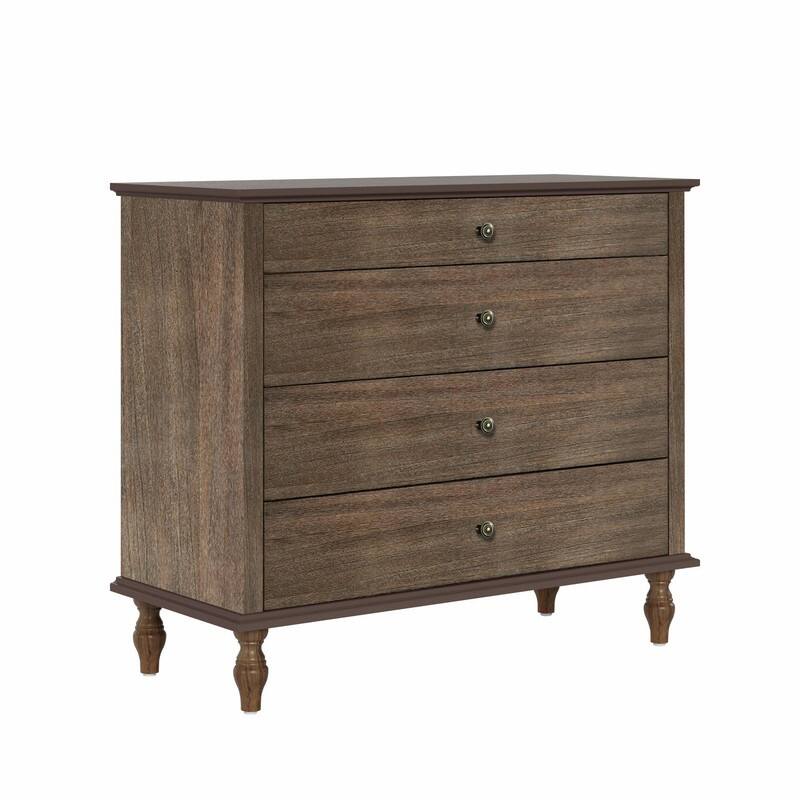 Large 4-Drawer Wood Dresser with Solid Wood Feet, Brown Finish & Metal Knobs, Antique Storage Chest