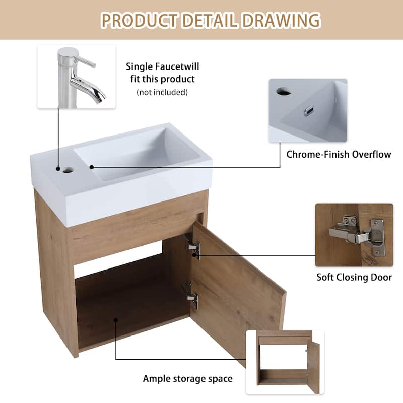 Bathroom Vanity With Sink In 16/18/23 Inch, Floating/Freestanding Bathroom Vanity With Soft Close Door