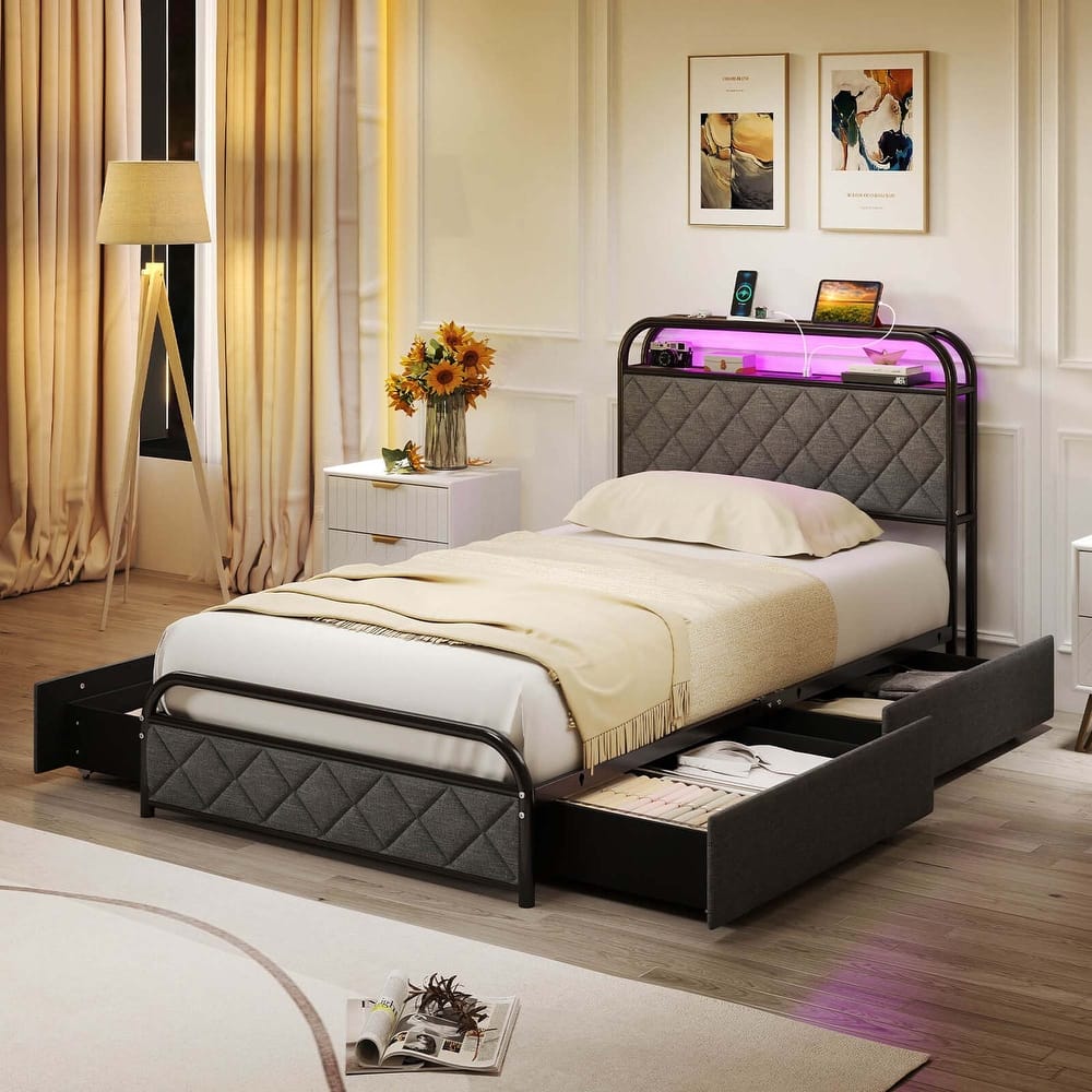 Costway Twin/Full/Queen Size Bed Frame with LED Lights & Charging