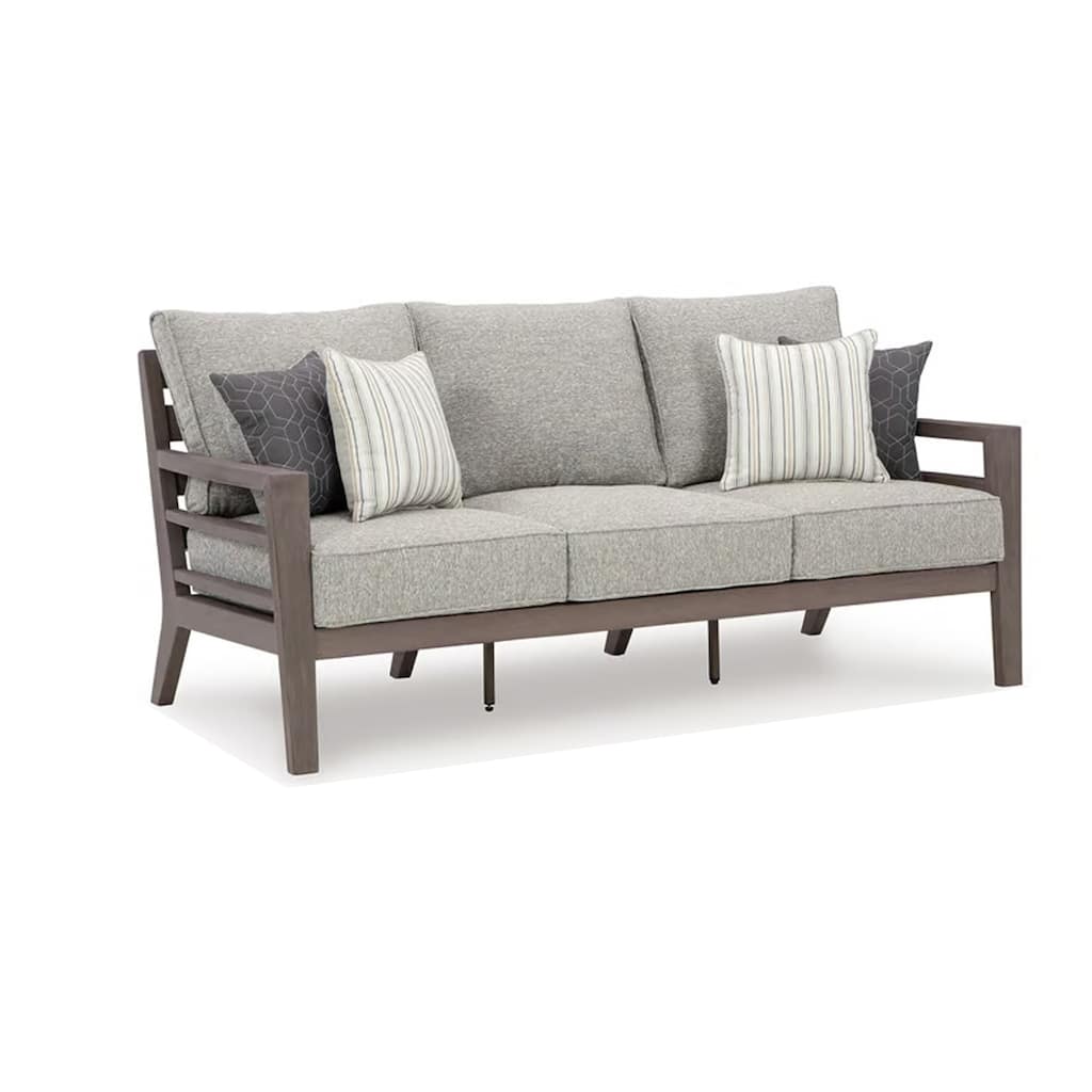 Karo Outdoor Sofa, 4 Accent Pillows, 79 Inch Brown Frame, Gray Nuvella