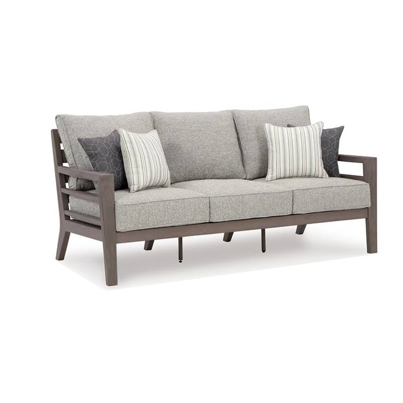 Karo Outdoor Sofa, 4 Accent Pillows, 79 Inch Brown Frame, Gray Nuvella