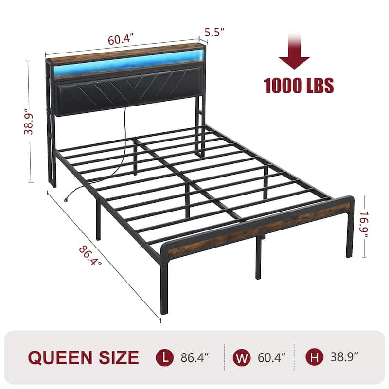 Antique Brown Platform Bed Metal Bed Frame with LED Lighted Upholstered Headboard/Adjustable Backrest/Built-in Charging Station
