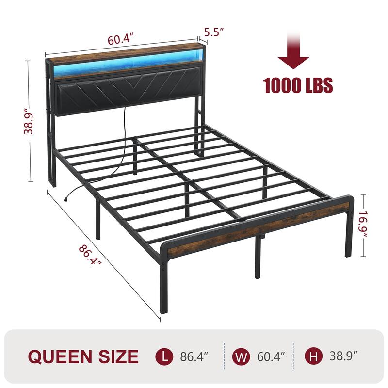 Queen Size Metal Platform Bed with Adjustable Upholstered Headboard, LED Lights, and Charging Station