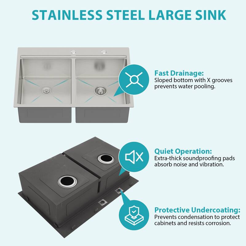 33" Drop-in 16 Gauge Double Bowl Stainless Steel Kitchen Sink in Brushed Nickel - 33'' x 22'' x 10''