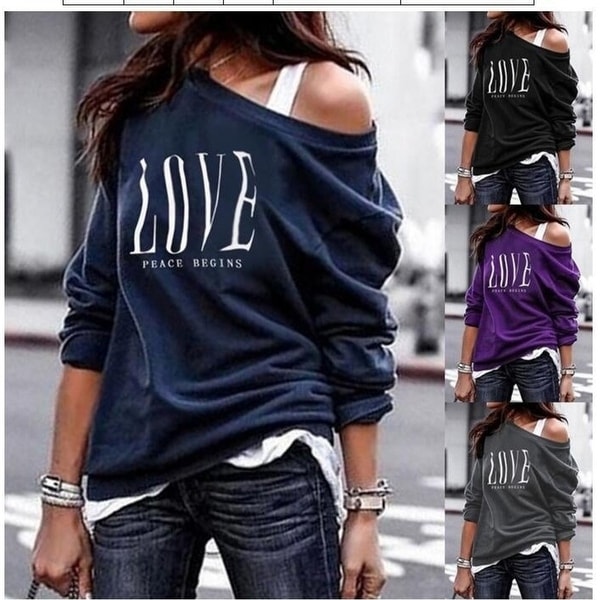 Women's One Shoulder Lightweight Letter Print Long Sleeve T-Shirts. Opens flyout.