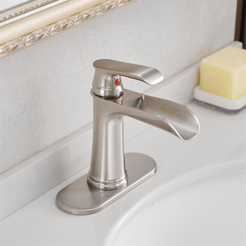 Single Handle Waterfall Bathroom Faucet with Drain Assembly Brass 1 Hole Modern Bathroom Sink Vanity Taps with Deck Plate