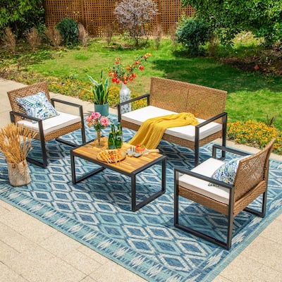 4-Piece Patio Furniture Wicker Outdoor Bistro Set, All-Weather Rattan Wood Conversation Set with Soft Cushions by Havenside Home
