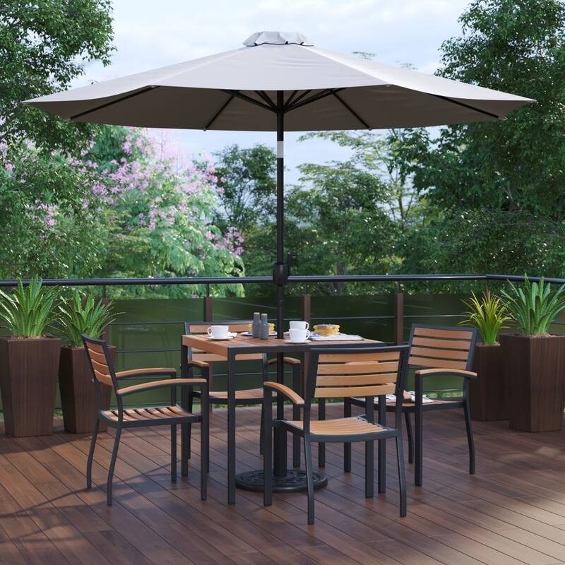 35" Square Faux Teak Patio Table, 4 Chairs and 9FT Patio Umbrella with Base - Gray