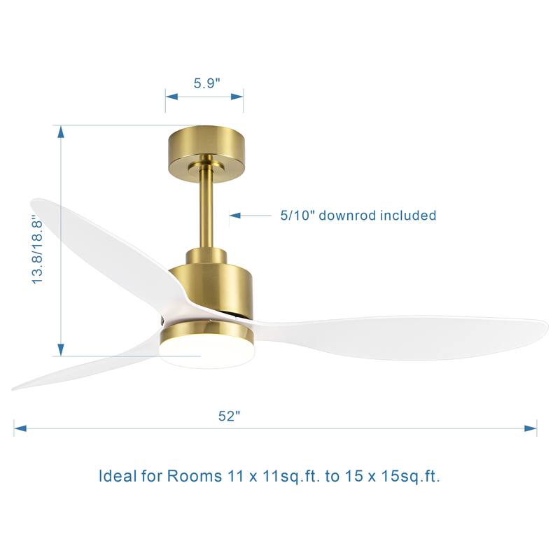 52 Inch Gold LED Ceiling Fan with Lights Remote(3-Blade)