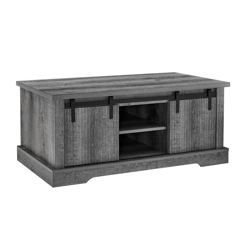 41.3 Inch Coffee Table with Storage and Sliding Wood Door, Farmhouse and Industrial Cocktail Table with Adjustable Shelv