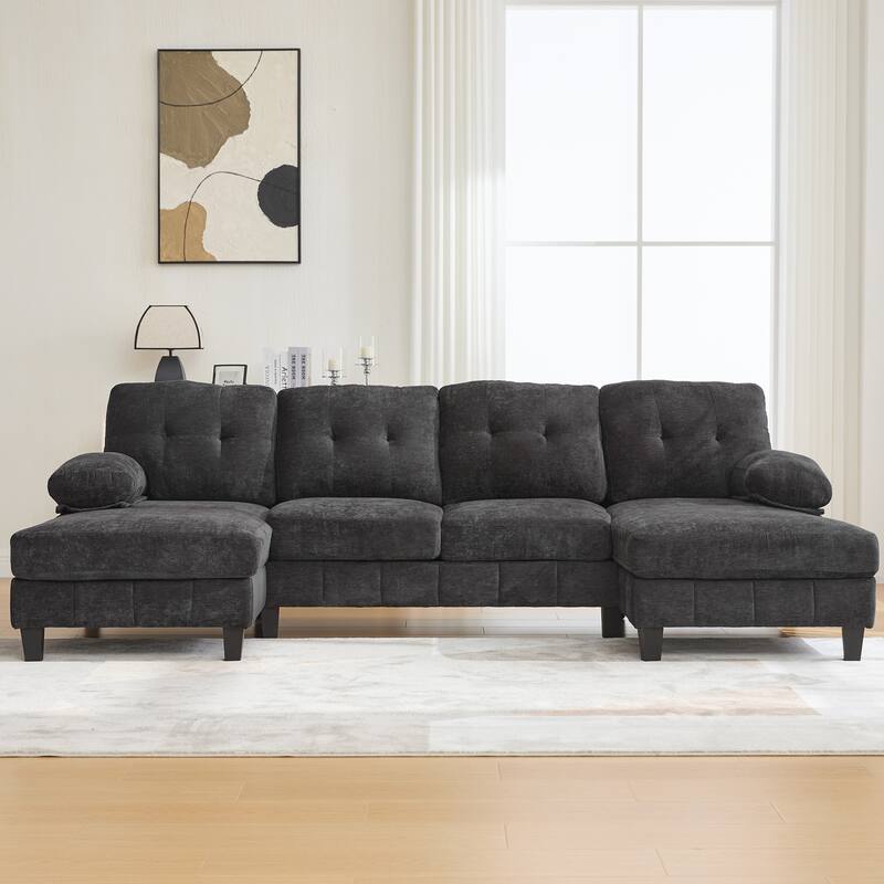 U-shaped Sectional Sofa, Chenille Fabric, Dual Chaise Lounges, Storage Pockets, Armrest Pillows, Black