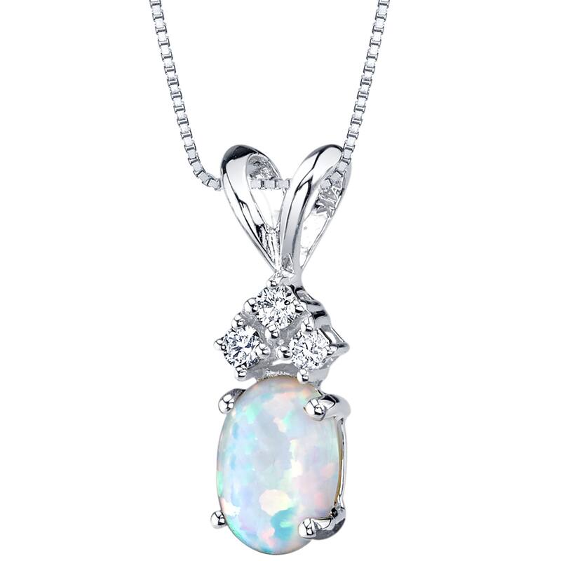 0.5 ct Oval Shape Created Opal and Diamond Pendant in 14k White Gold