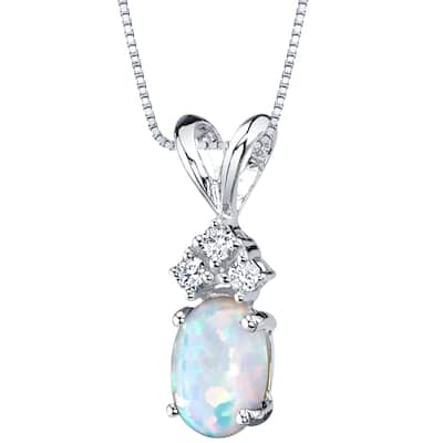 0.5 ct Oval Shape Created Opal and Diamond Pendant in 14k White Gold