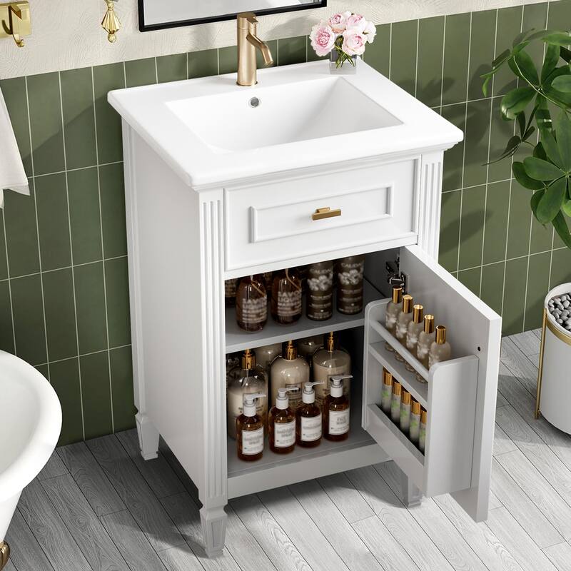 20" Bathroom Freestanding Vanity with Ceramic Sink,Solid Wood Legs,Adjustable Shelf,Tilt-Out Drawer
