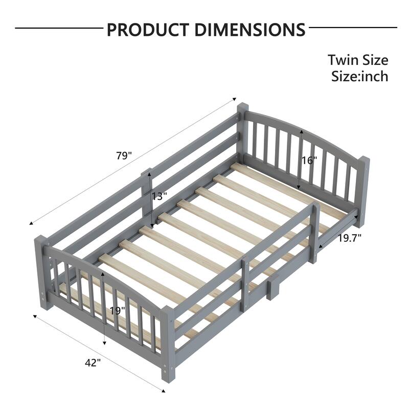 Roomfitters Montessori Floor Bed with Guardrails, Solid Wood Low Platform Bed with Slats, Easy Assembly