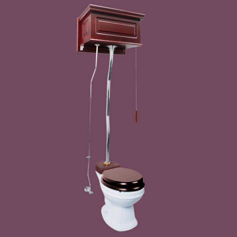 High Tank Toilet - Cherry Wooden Tank, Round White Bowl and Chrome Z Pipes Renovators Supply