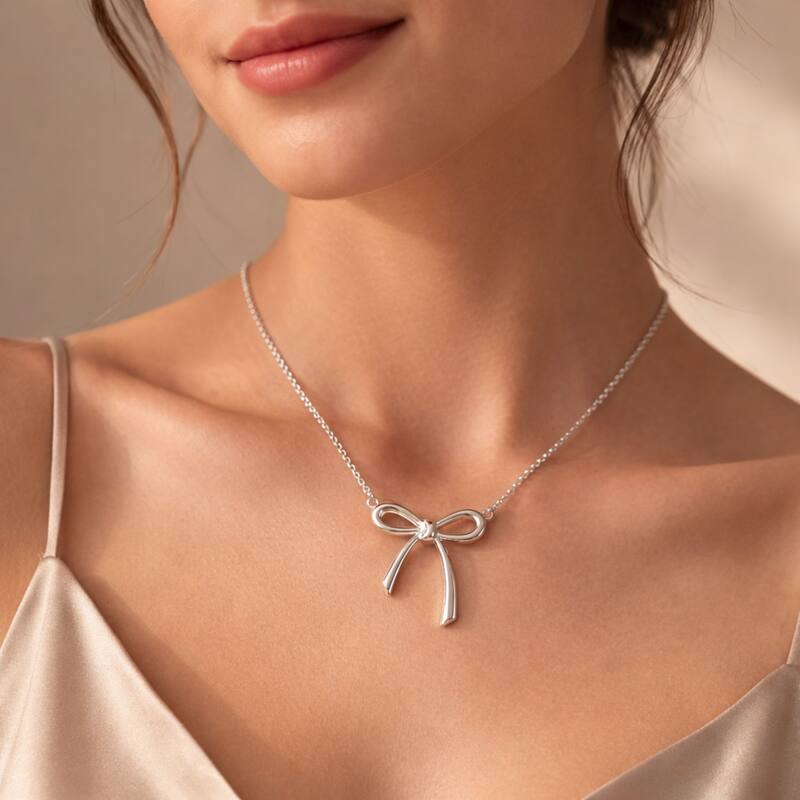 Fremada Rhodium Plated Italian Silver Bow Ribbon Adjustable Necklace (16 to 18 Inch)