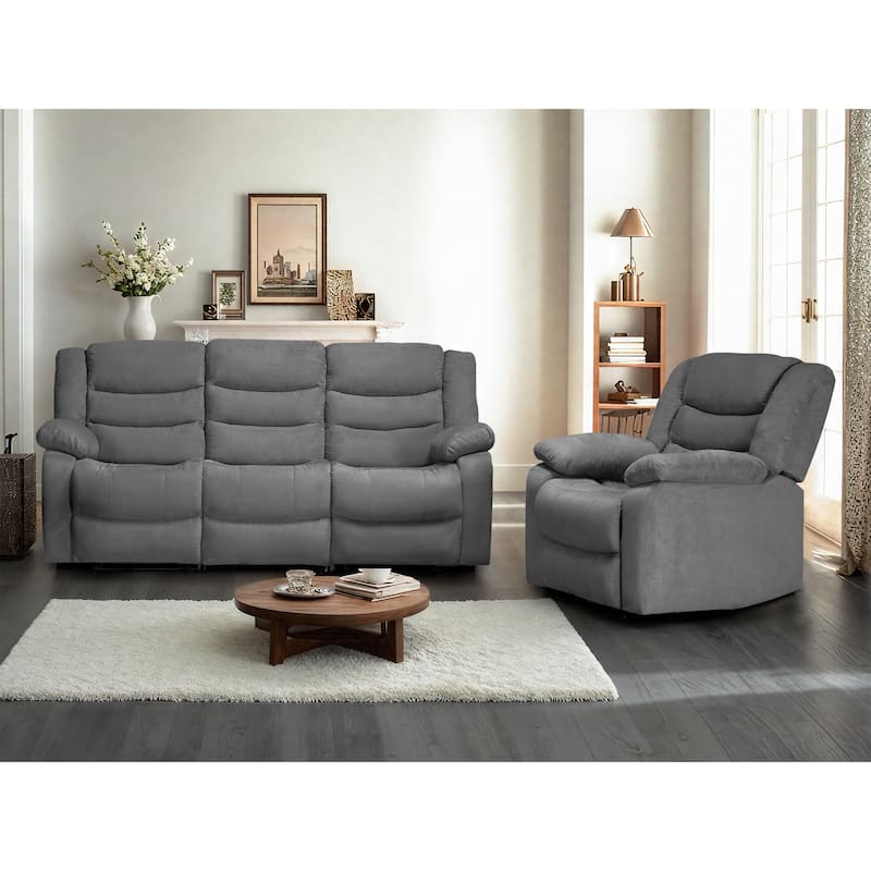 2-Piece Suede Fabric Manual Reclining Living Room Sofa Set - Recliner+Sofa - Grey