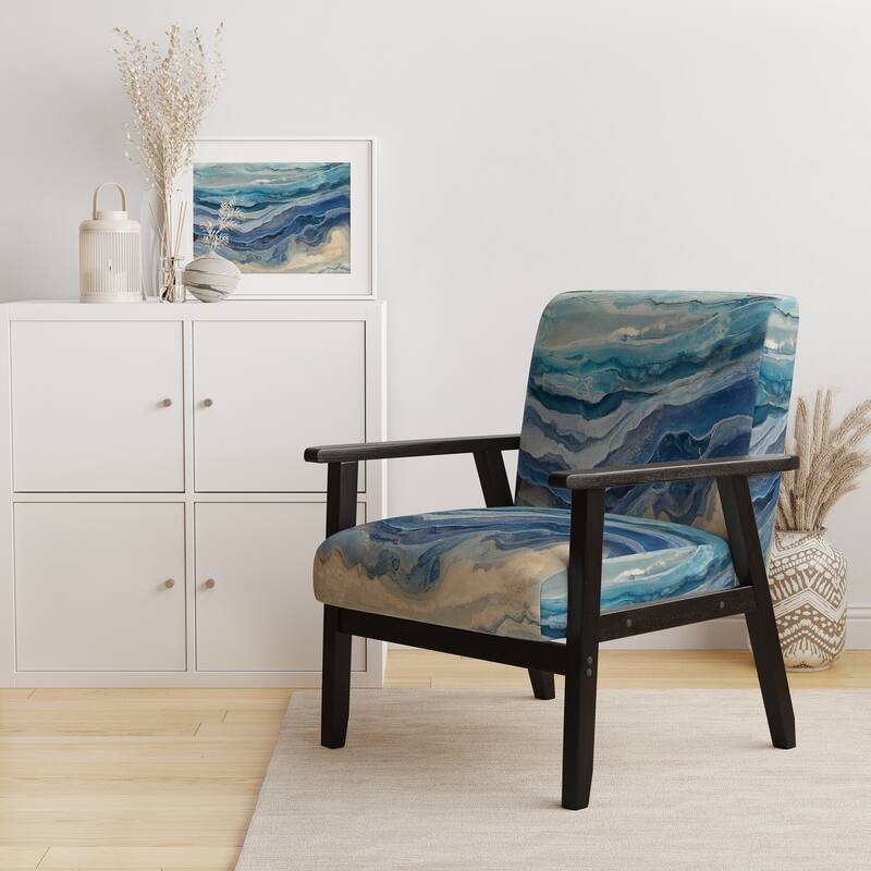 Designart "Coast Blue Sea Waves Watercolour" Upholstered Abstract Accent Chair - Modern Arm Chair For Bedroom - Arm Chair - Blue