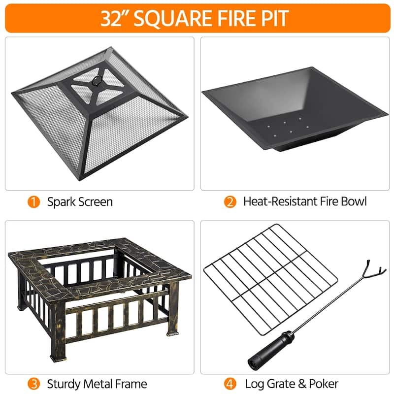 Yaheetech 32'' Metal Patio Garden Square Stove Fire Pit With cover