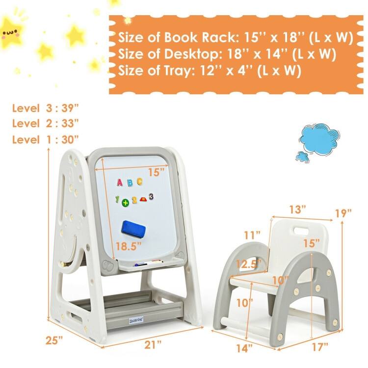 2 in 1 Kids Easel Desk Chair Set Book Rack Adjustable Art Painting Board - 25'' x 21'' x 30'' – 39'' (L x W x H)