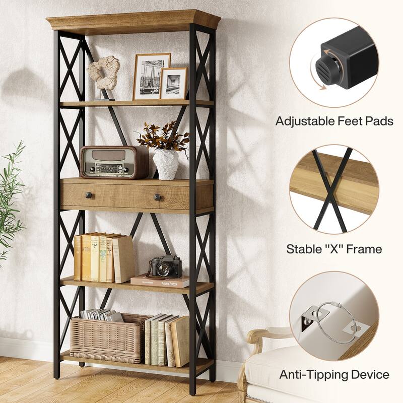 70.9" Wood Bookshelf with Drawers, Open Storage Shelf Bookcase, Living Room Office Bedroom Display Accent Shelf