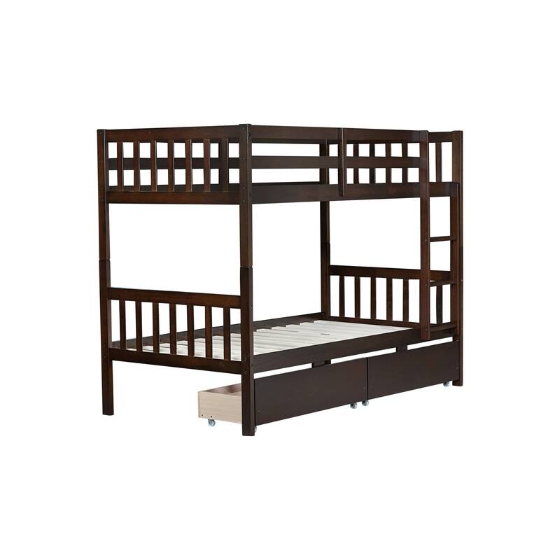 Roomfitters Twin Over Twin Rubber Wood Bunk Bed with Underbed Storage, Convertible to 2 Twin Beds, Ladder & Guardrails