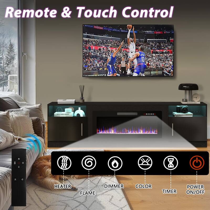 Bossin 80" Fireplace TV Stand with 36" Electric Fireplace, TV Stand for TVs Up to 90", 16 Colors LED Lights/Entertainment Center
