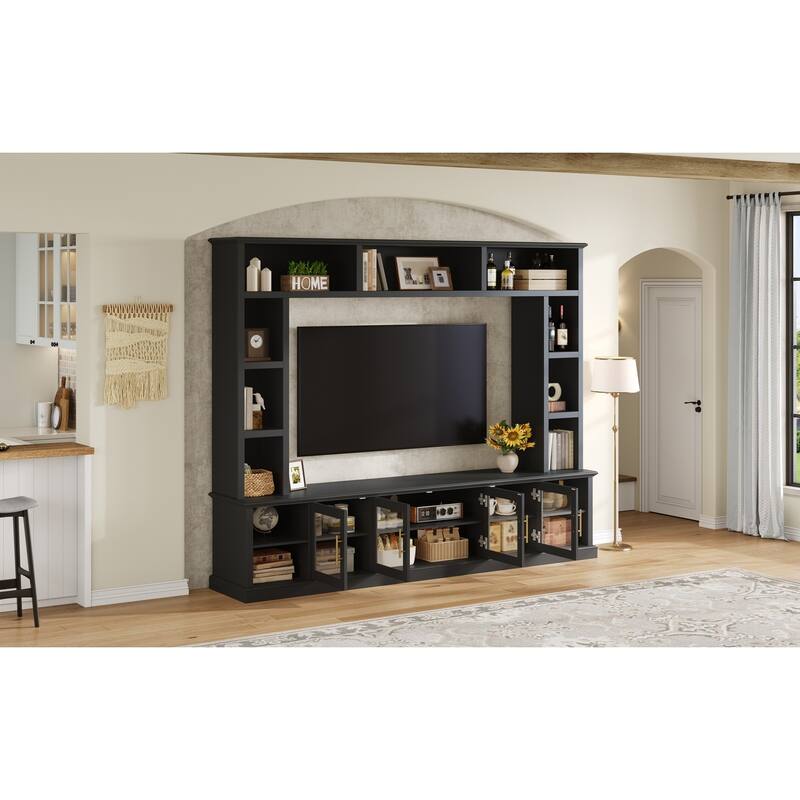Wall Unit Entertainment Center for TVs up to 80", All-in-One TV Stand with Bookshelves, Glass Doors, Media Console with Shelving