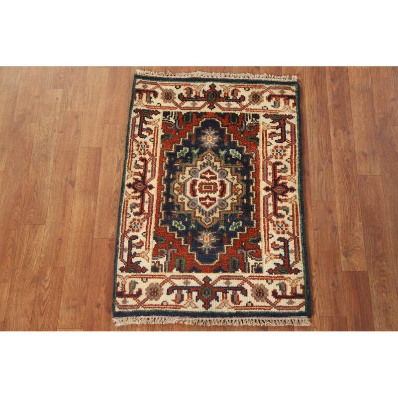 Hand Knotted Oriental 100% Wool Carpet Traditional Medallion Navy Blue & Blues Heriz (serapi) Area Rug - 3' 0'' X 2' 0''