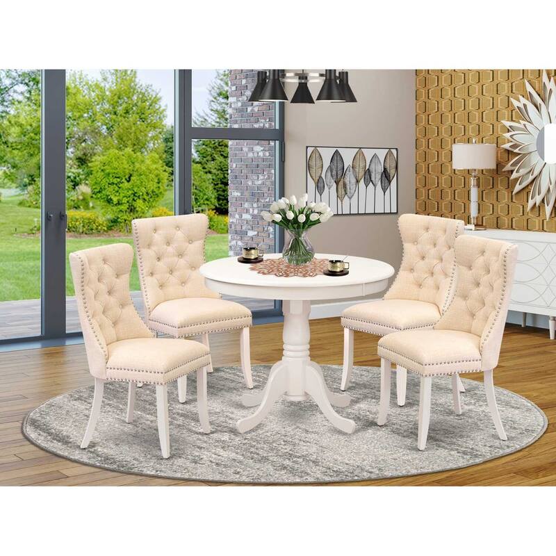 Modern 5 Piece Dining Set - Round Kitchen Table with 4 Linen Chairs - Elegant White Design