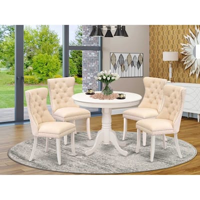 Modern 5 Piece Dining Set - Round Kitchen Table with 4 Linen Chairs - Elegant White Design