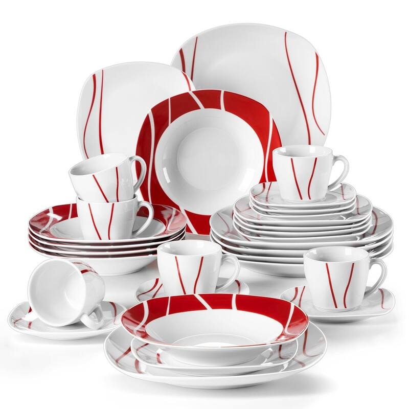 MALACASA Felisa Porcelain Red Stripes Dinnerware Set - 30 Piece