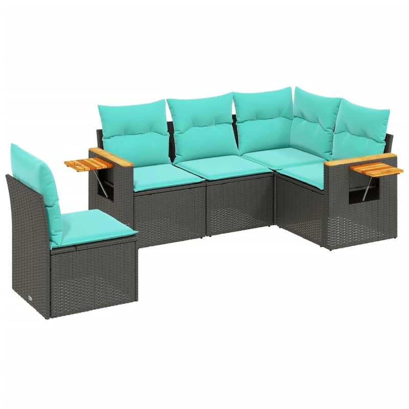 vidaXL 5 Piece Patio Sofa Set with Cushions Black Poly Rattan