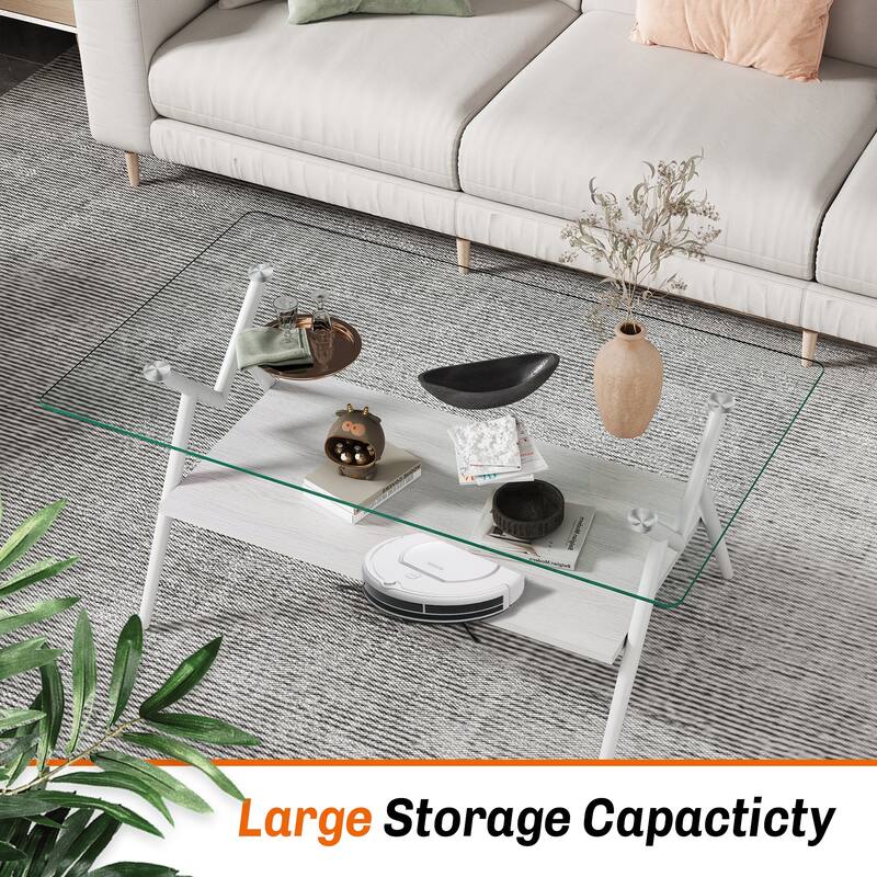 Rectangle Coffee Table with Tempered Glass Top and Shelf