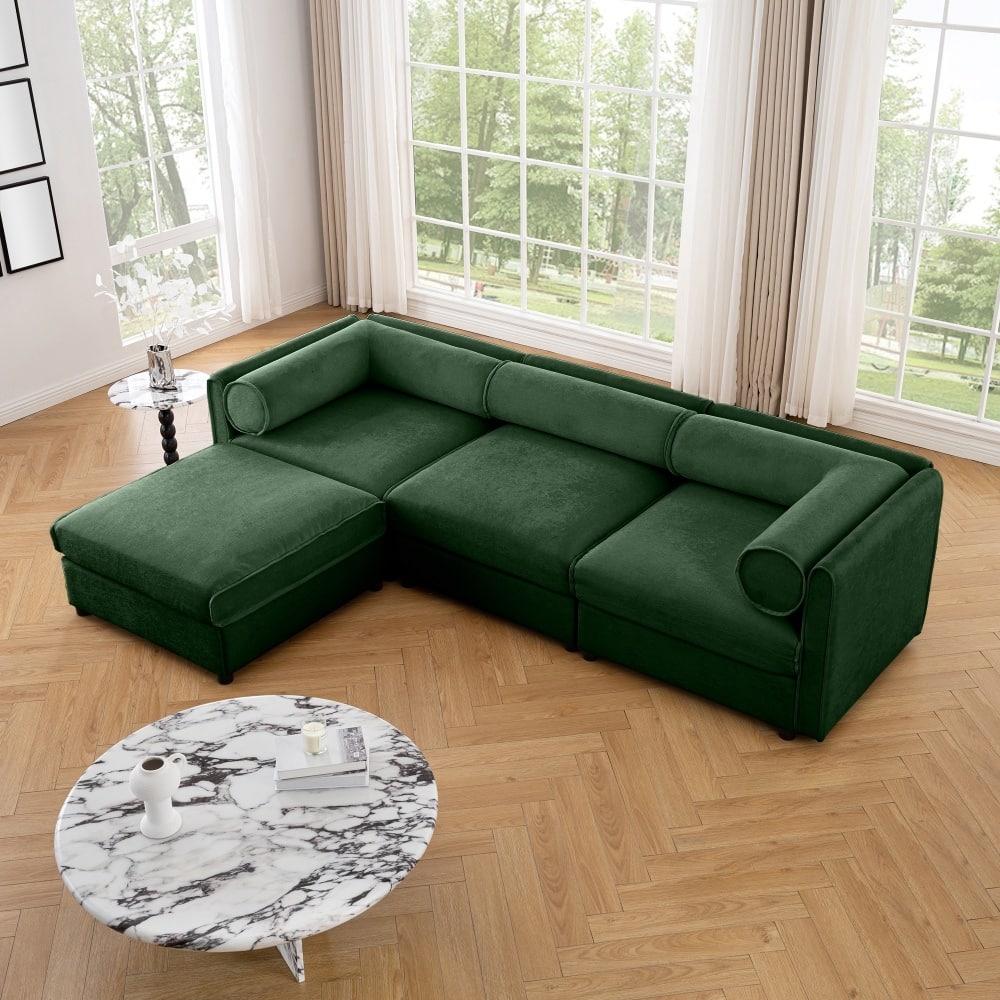 Contemporary L-shaped Chenille Sectional Sofa with Storage Seats and Ottoman