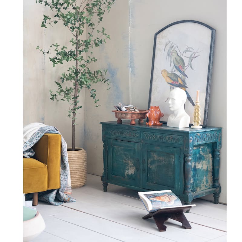 Distressed Hand-Painted Carved Mango Wood Vintage Reproduction Cabinet, Teal - 47.0"L x 20.0"W x 39.0"H