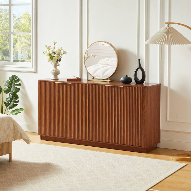Anmytek Mid-Century Modern Sideboard with Fluted Detailing and Gold Handles in Walnut Finish