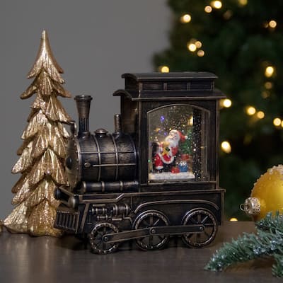 6.75" Lighted Black Train Christmas Snow Globe with Santa