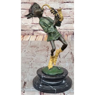 Whimsical Bronze Elf Leprechaun Playing Golden Saxophone Fantasy Sculpture By Juno