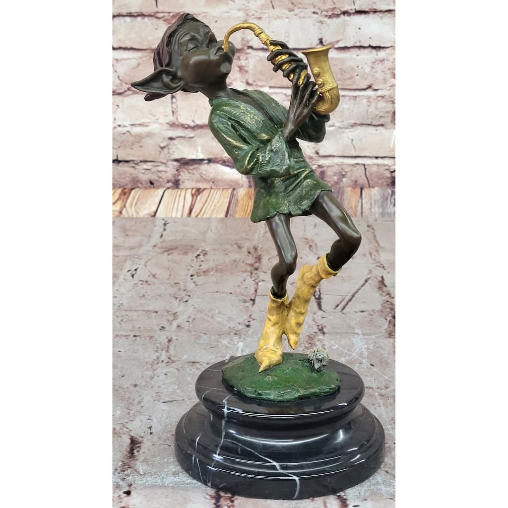 Whimsical Bronze Elf Leprechaun Playing Golden Saxophone Fantasy Sculpture By Juno
