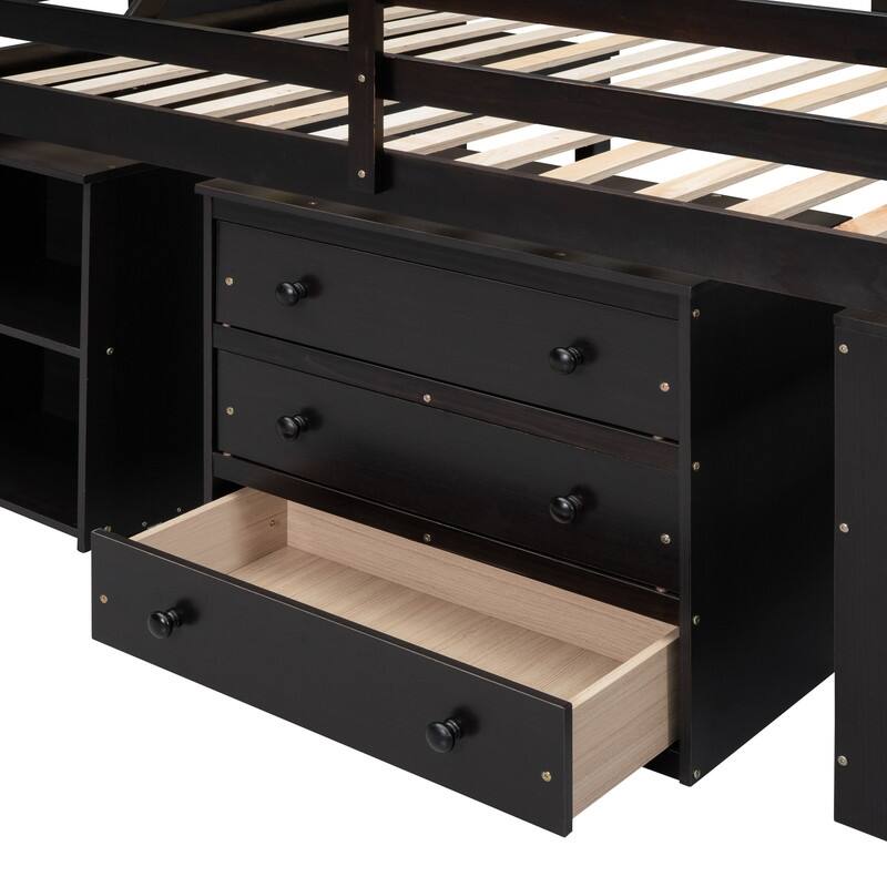 Wooden Full Size Kids Bed with Desk and Drawers Stairs and Shelves