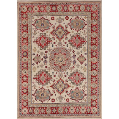 Ivory Geometric Kazak Oriental Area Rug Handmade Wool Carpet - 8'0" x 10'3"