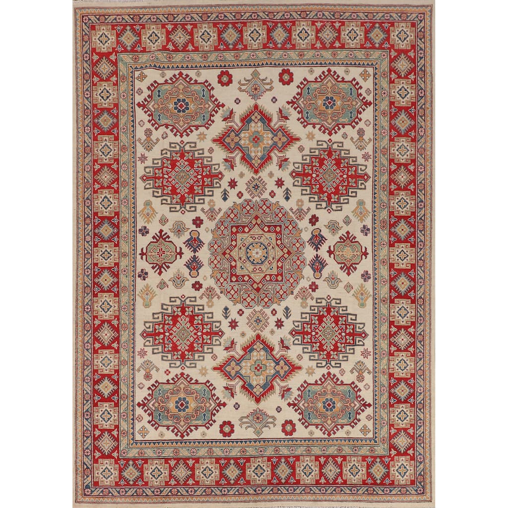 Ivory Geometric Kazak Oriental Area Rug Handmade Wool Carpet - 8'0" x 10'3"